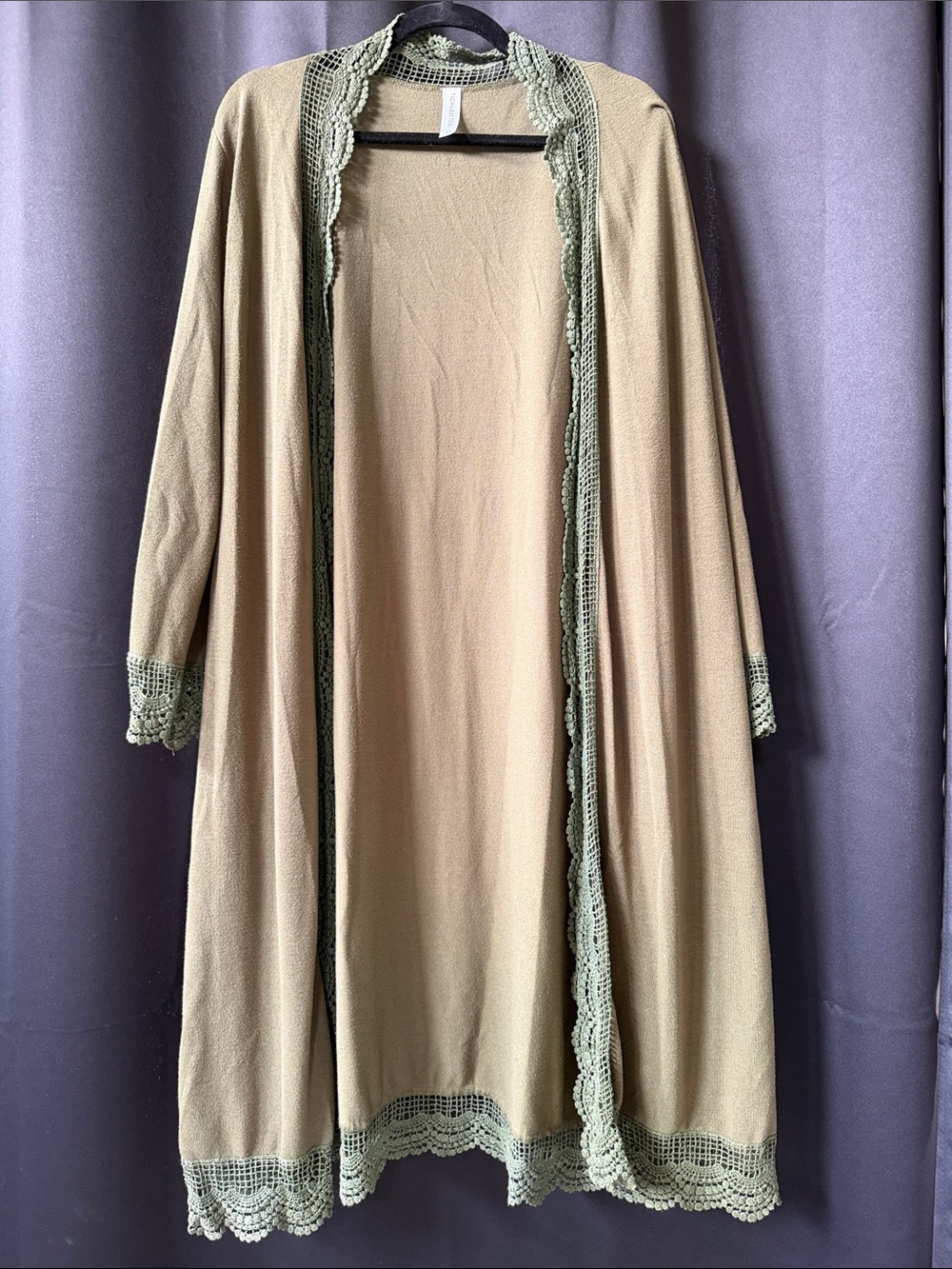 Tickled Teal Beige Cardigan with Olive Lace Trim